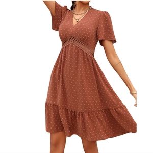 Women Swiss Dot V Neck Short Sleeve Cutout Waist Ruffle Hem Dress large